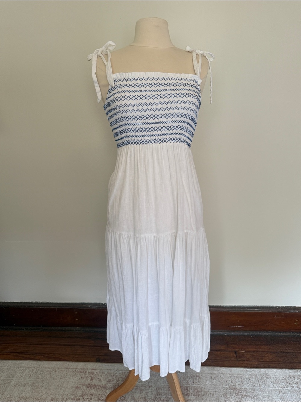 Lucky Brand White Midi Dress with Blue Smocked Bodice